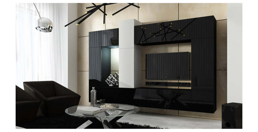 Ensemble de meubles de salon noir et blanc suspendus collection CEPTO XXII. 273cm, 10 meubles, leds, modulables.