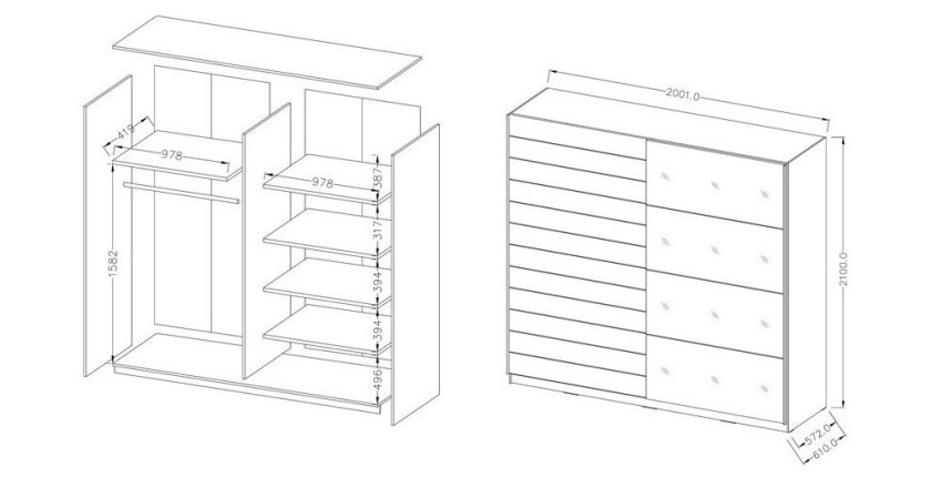 Armoire 2 portes coulissantes 220cm Coloris blanc avec miroir. Collection FLOYD