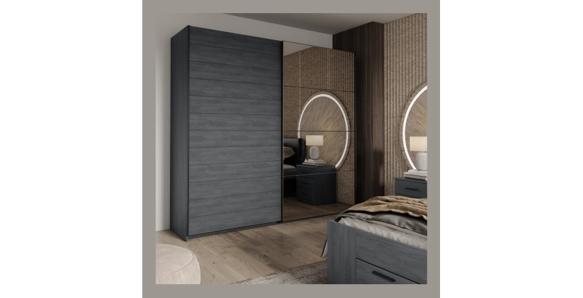 Armoire 2 portes coulissantes 220cm Coloris gris effet bois avec miroir. Collection FLOYD