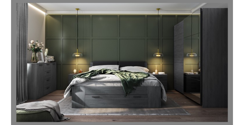 Chambre à coucher FLOYD : Armoire 220cm, Lit 160x200, commode, chevets. Coloris gris effet bois.