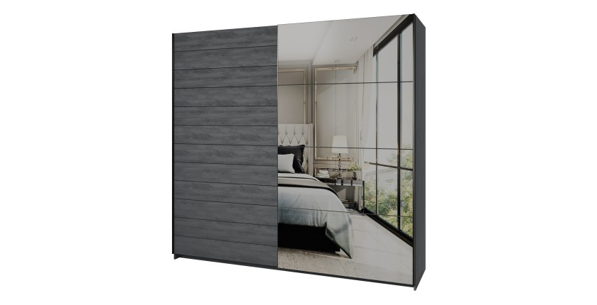 Chambre à coucher FLOYD : Armoire 200cm, Lit 160x200, commode, chevets. Coloris gris effet bois.