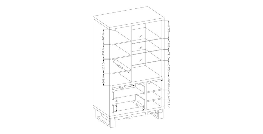 Vitrine, argentier, vaisselier MILO. Coloris chêne avec finition noire. Meuble idéal pour votre salle à manger.