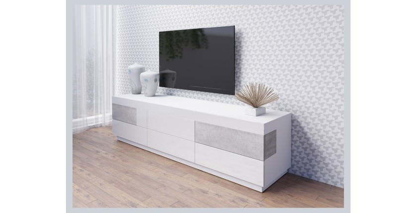 Meuble TV XL 200cm collection KILES. Coloris blanc et gris. Style design.