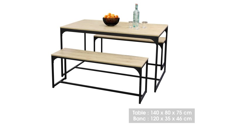 Table à manger Dock avec ses 2 bancs imitation chêne clair - Idéal à l'intérieur comme à l'extérieur