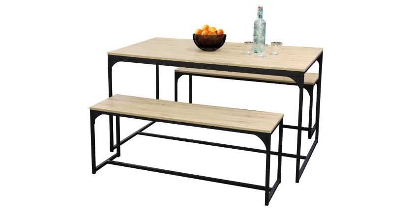 Table à manger Dock avec ses 2 bancs imitation chêne clair - Idéal à l'intérieur comme à l'extérieur