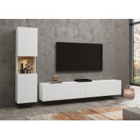 Ensemble meuble TV et vitrine collection EVA. Couleur blanc et chêne.