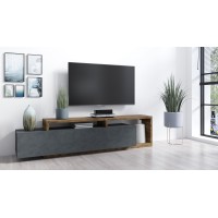 Meuble TV 220cm collection BERGAME. Coloris gris et chêne foncé.