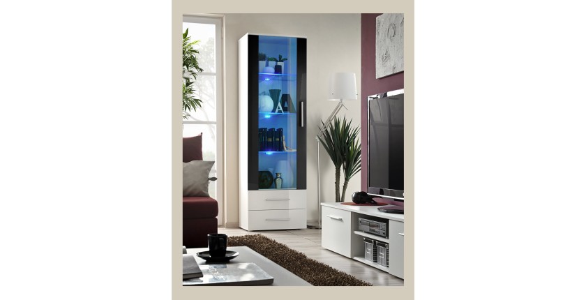 Vitrine design collection NEO coloris blanc et noir brillant + LED. Meuble moderne et tendance pour votre salon.