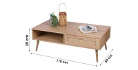 Table basse robuste coloris chêne clair. Pieds en bois brute, dimensions 59x39x110cm