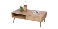 Table basse robuste coloris chêne clair. Pieds en bois brute, dimensions 59x39x110cm