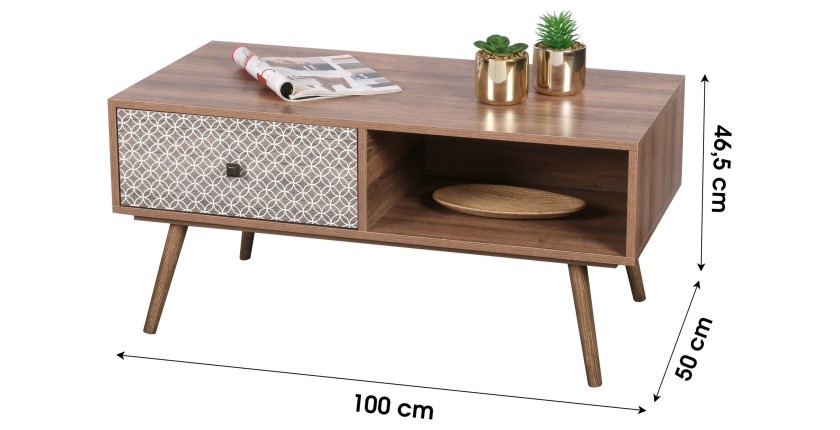 Table basse avec un tiroir de style ethnique, dimensions 100x50x47cm