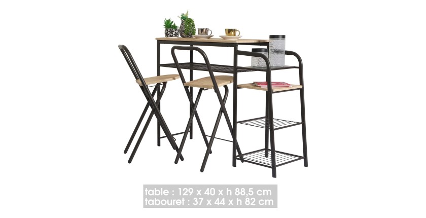 Ensemble de bar et ses 2 tabourets pliables dimensions 89x40x129cm