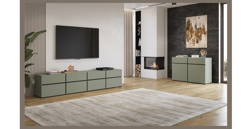 Meuble TV XL coloris vert sauge et noir 225cm collection HAVANA. Meuble design avec 4 portes et 4 tiroirs.