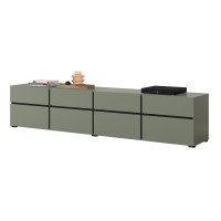 Meuble TV XL coloris vert sauge et noir 225cm collection HAVANA. Meuble design avec 4 portes et 4 tiroirs.