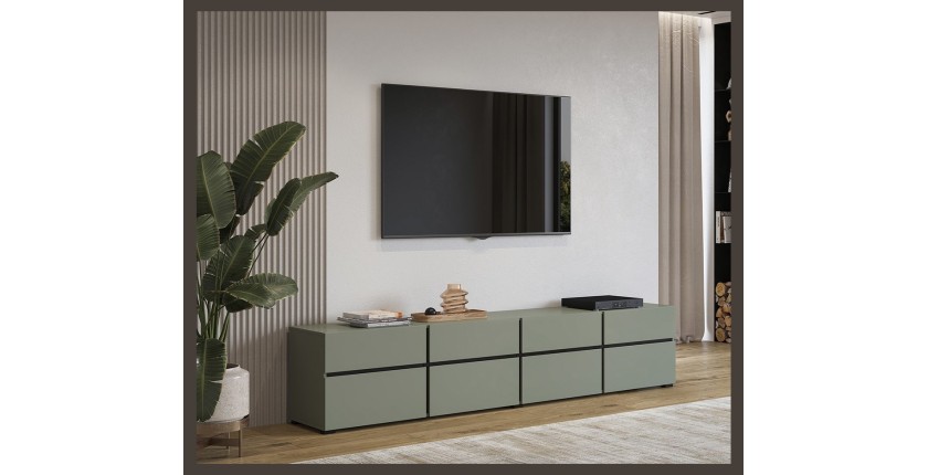 Meuble TV XL coloris vert sauge et noir 225cm collection HAVANA. Meuble design avec 4 portes et 4 tiroirs.