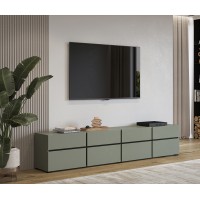 Meuble TV XL coloris vert sauge et noir 225cm collection HAVANA. Meuble design avec 4 portes et 4 tiroirs.