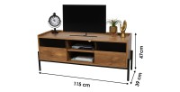 Meuble TV style rustique avec 2 portes grillagées et 2 étagères coloris chêne foncé 115x39xH47cm