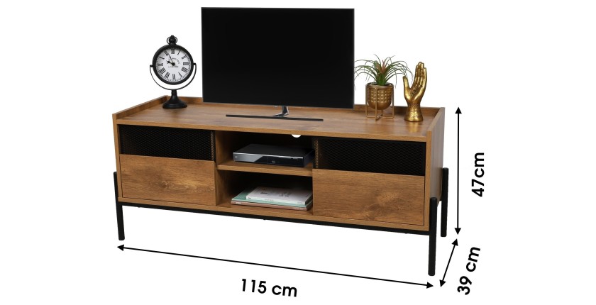 Meuble TV style rustique avec 2 portes grillagées et 2 étagères coloris chêne foncé 115x39xH47cm