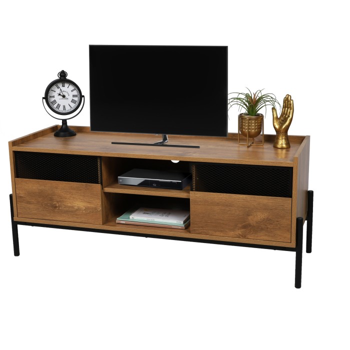 Meuble TV style rustique avec 2 portes grillagées et 2 étagères coloris chêne foncé 115x39xH47cm