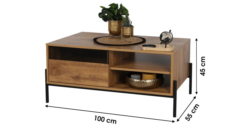 Table basse coloris chêne foncé style rustique. Pieds en métal noir, dimensions 60x49x110cm