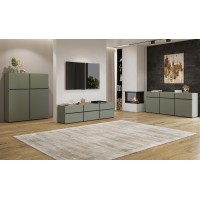 Meuble TV coloris vert sauge 180cm collection HAVANA. Meuble design avec 3 portes et 3 tiroirs.