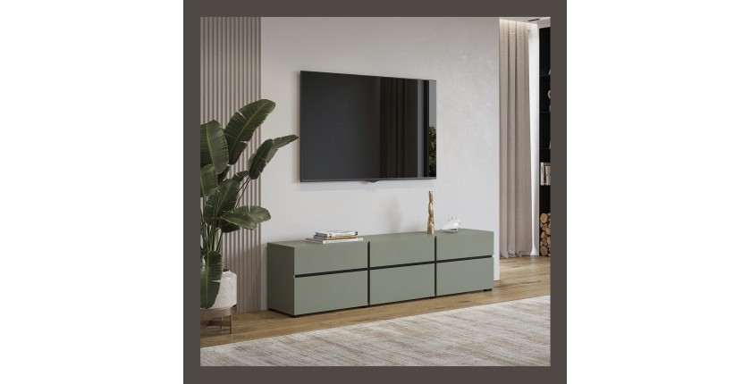 Meuble TV coloris vert sauge 180cm collection HAVANA. Meuble design avec 3 portes et 3 tiroirs.