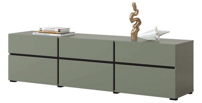 Meuble TV coloris vert sauge 180cm collection HAVANA. Meuble design avec 3 portes et 3 tiroirs.