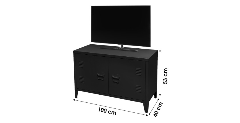 Meuble TV style industriel avec 2 portes grillagées et 2 étagères en métal noir 100x40xH53cm