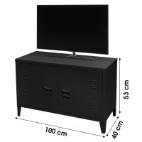 Meuble TV style industriel avec 2 portes grillagées et 2 étagères en métal noir 100x40xH53cm