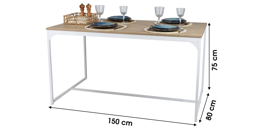 Table à manger style classique coloris chêne clair avec pied en métal blanc dimensions 150x80xH75cm