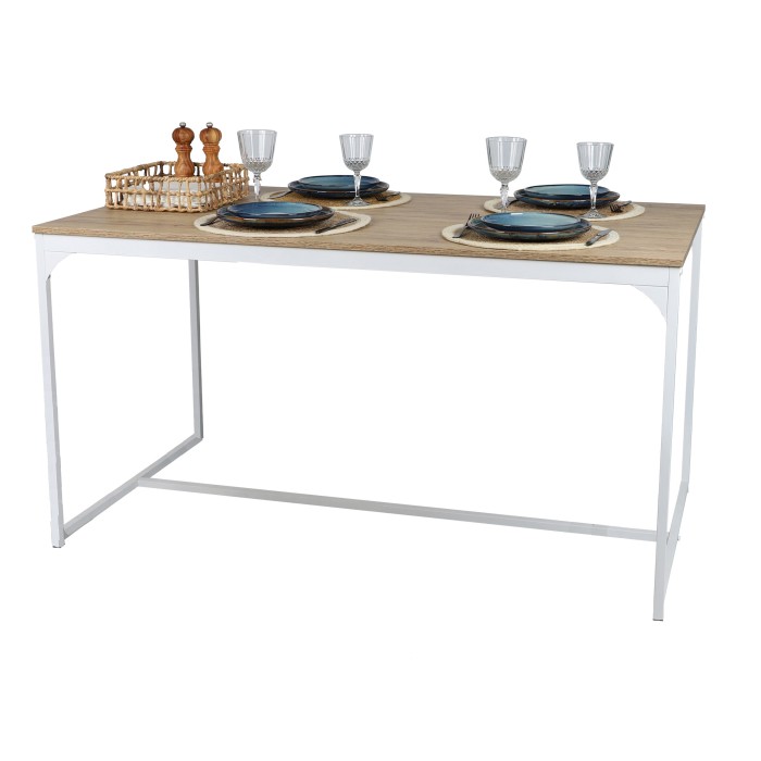 Table à manger style classique coloris chêne clair avec pied en métal blanc dimensions 150x80xH75cm