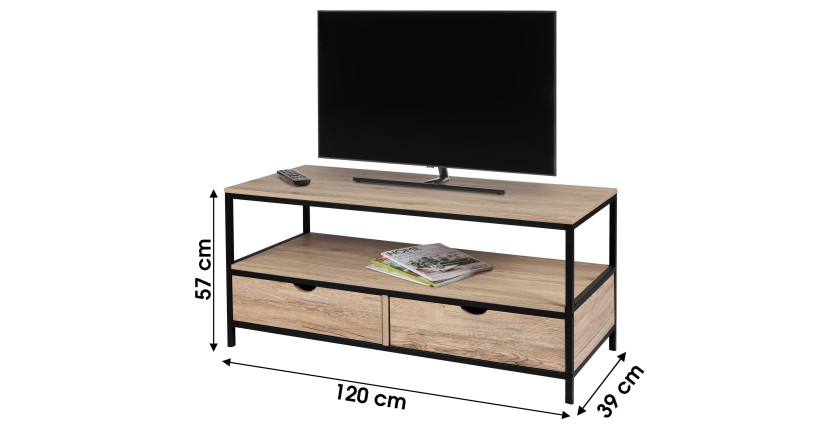 Meuble TV style classique avec 2 tiroirs coloris chêne clair - dimensions 120x39xH57cm