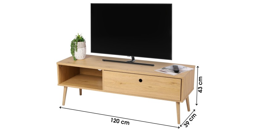 Meuble TV style classique coloris chêne clair avec un tiroir - dimensions 120x39xH43cm