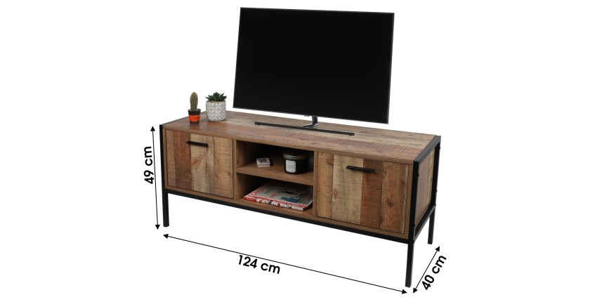 Meuble TV style rustique coloris chêne foncé avec 2 portes et 2 niches - dimensions 124x40xH49cm