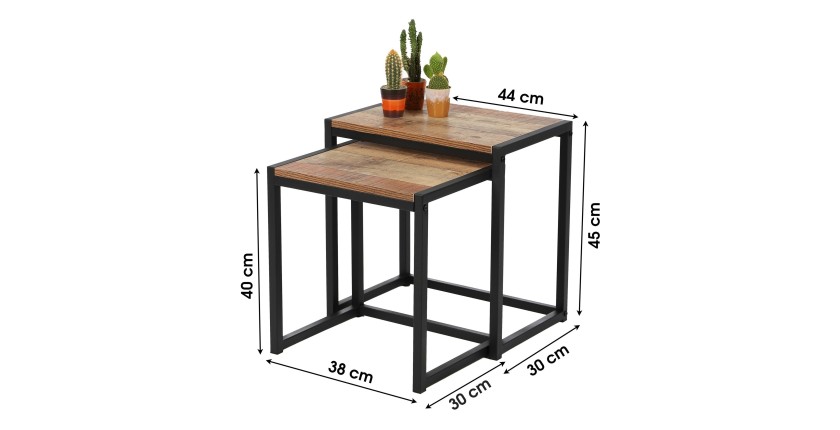 Ensemble de deux tables d'appoint carré style rustique 30x38xH40cm et 30x44xH45cm