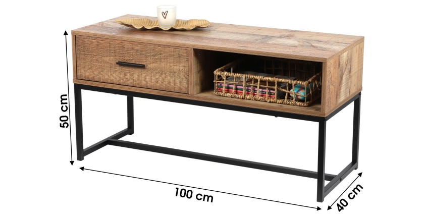 Table basse style rustique – 1 tiroir et une niche, coloris chêne clair, dimensions 100x40xH50 cm – Collection OAKLANDER