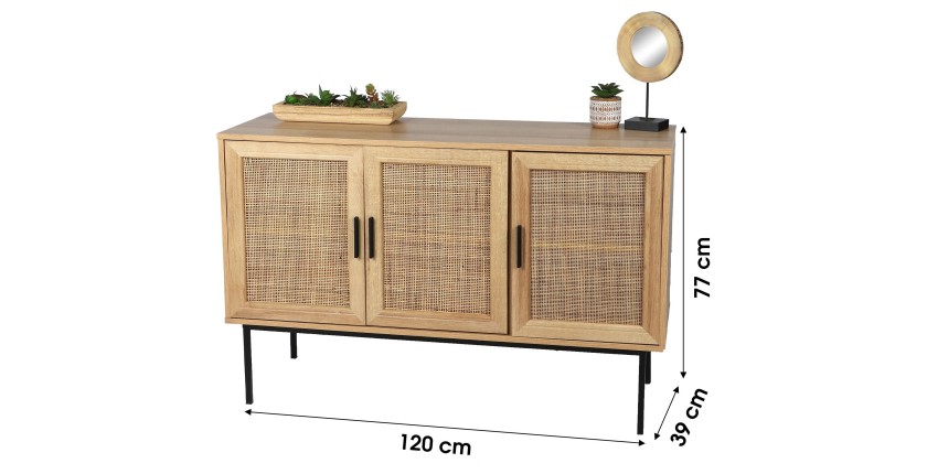 Buffet trois porte en jute, style campagne coloris chêne clair dimensions 120x39x75cm