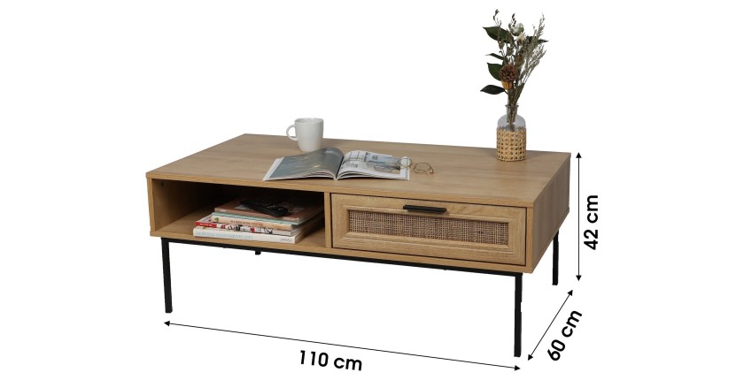 Table basse campagne avec une tiroir effet jute et une niche - 110x60xH42cm