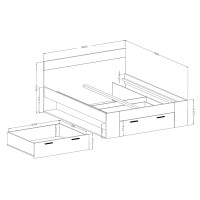 Lit adulte 160x200 avec tiroirs intégrés, sommier inclus, collection EOS, chêne clair et noir