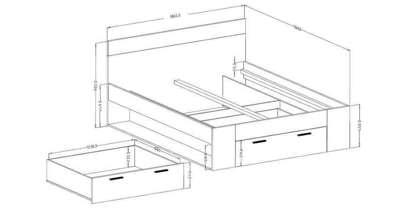 Lit adulte 180x200 avec tiroirs intégrés et sommier. Collection EOS. Coloris chêne clair et noir.