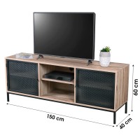 Meuble TV en bois avec grillage en métal noir avec deux niches - dimensions 150x40xH60cm