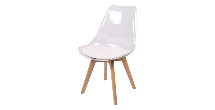 Chaise translucide avec assise en PU blanche et pieds en bois. Idéal pour un salon top tendance!