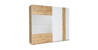 Armoire Wood 2 portes coulissantes avec miroir, coloris chêne et blanc