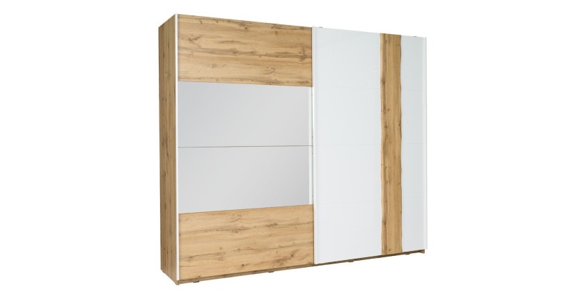 Armoire Wood 2 portes coulissantes avec miroir, coloris chêne et blanc