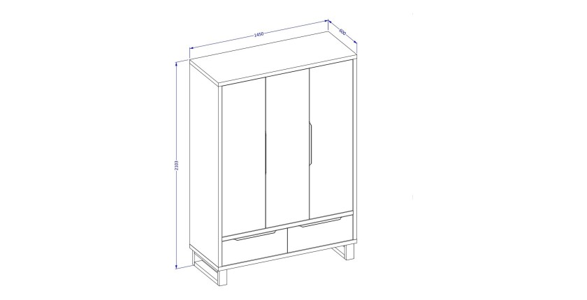 Armoire en bois style Scandinave 150cm avec 3 portes et 2 tiroirs couleur chêne brut. Collection MILOS