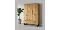 Armoire en bois style Scandinave 150cm avec 3 portes et 2 tiroirs couleur chêne brut. Collection MILOS