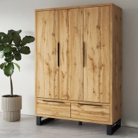 Armoire en bois style Scandinave 150cm avec 3 portes et 2 tiroirs couleur chêne brut. Collection MILOS