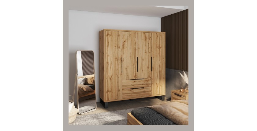 Armoire en bois style Scandinave 190cm avec 4 portes et 2 tiroirs couleur chêne brut. Collection MILOS