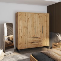 Armoire en bois style Scandinave 190cm avec 4 portes et 2 tiroirs couleur chêne brut. Collection MILOS