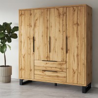 Armoire en bois style Scandinave 190cm avec 4 portes et 2 tiroirs couleur chêne brut. Collection MILOS